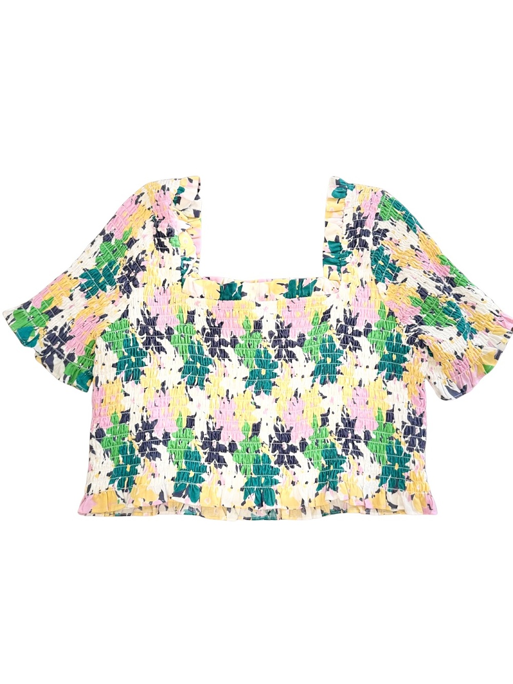 2XL Smocked Square Neck Floral Crop Top